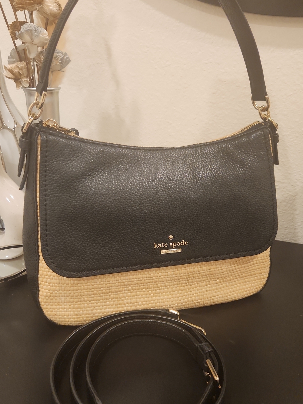 Kate Spade Raffia Black and Natural Woven 2-Way Bag with Gold Accents